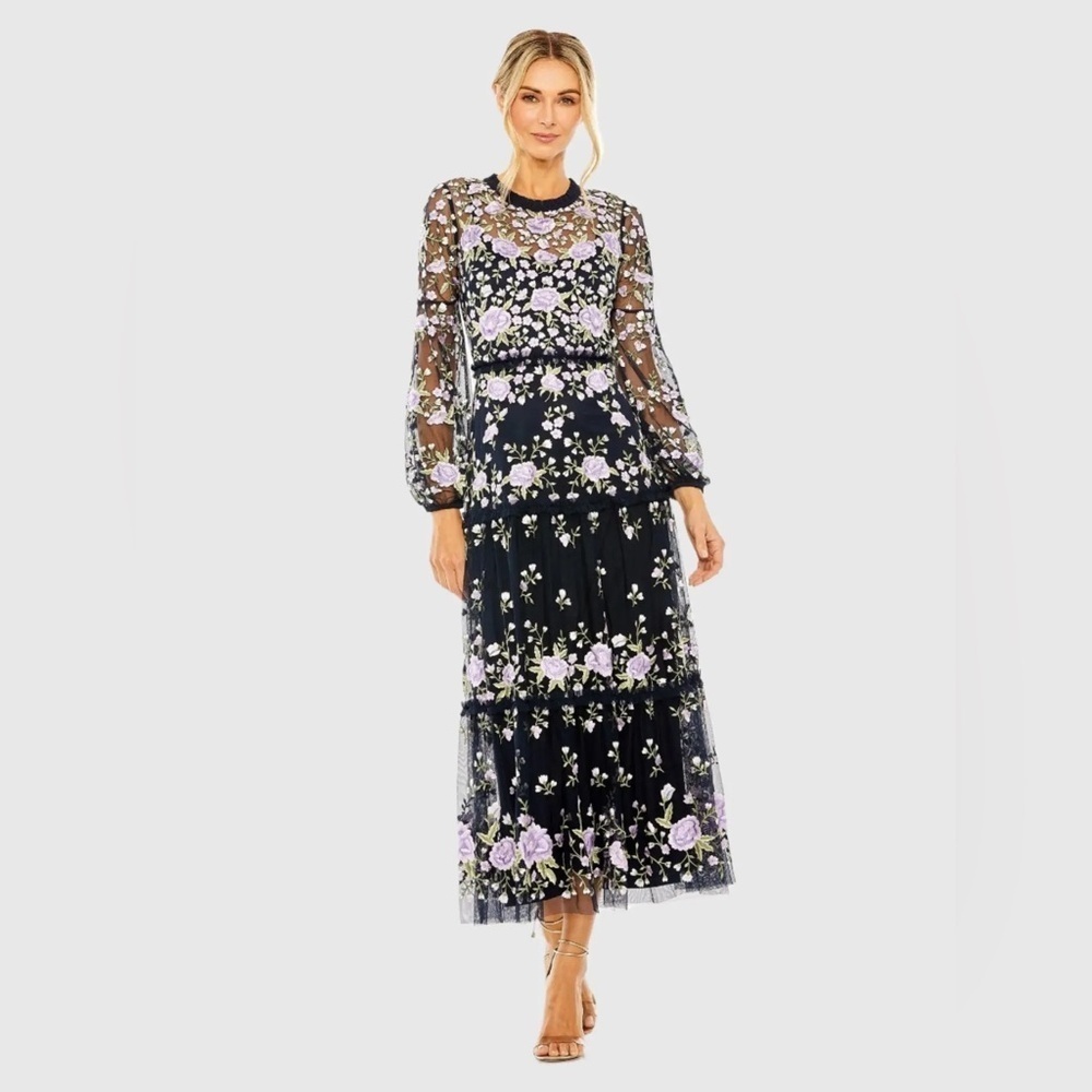 Mac Duggal 35152 NWOT Flawed Navy Embroidered Puff Sleeve Tiered Dress